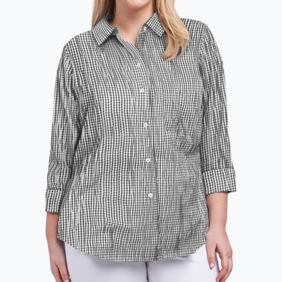 FOXCROFT – Sue Crinkle Gingham check Shirt black and white size 18-- 3/4 sleeve - Picture 1 of 7
